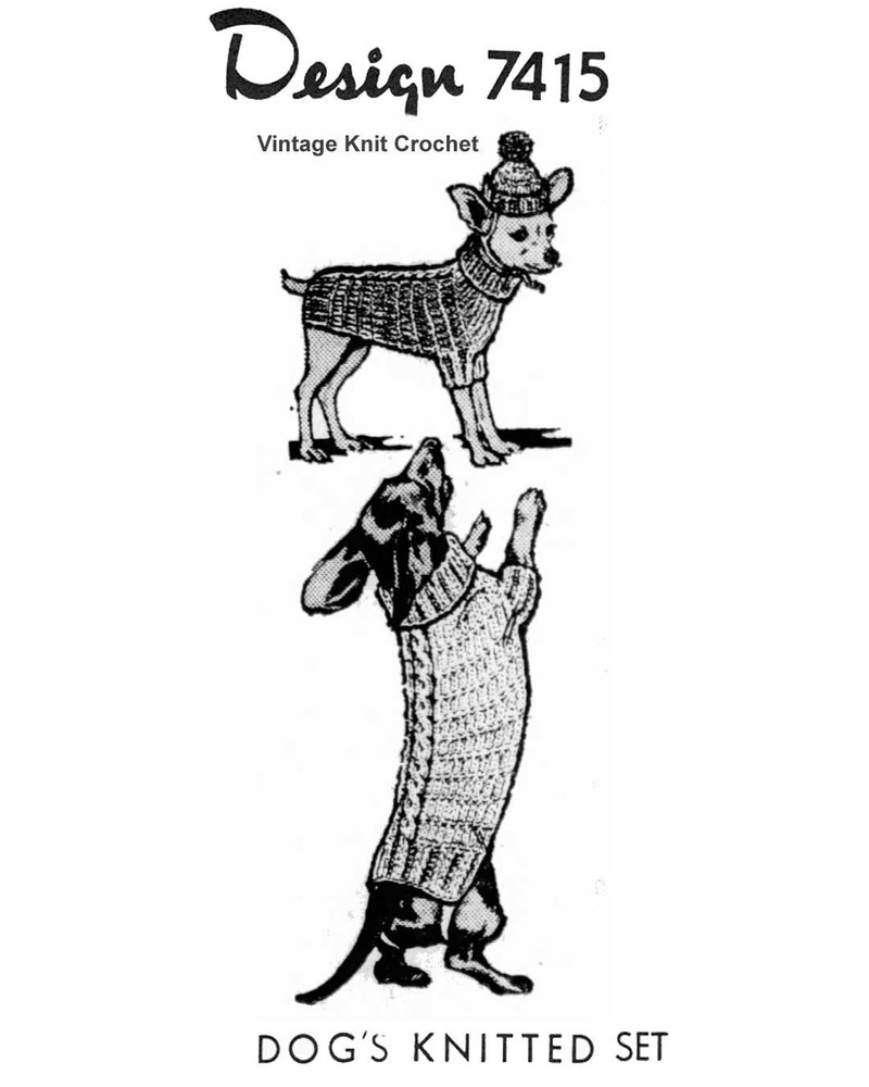 Vtg Knitted Dog Coat Jacket Cap Pattern Mail Order Design 7415 AB
