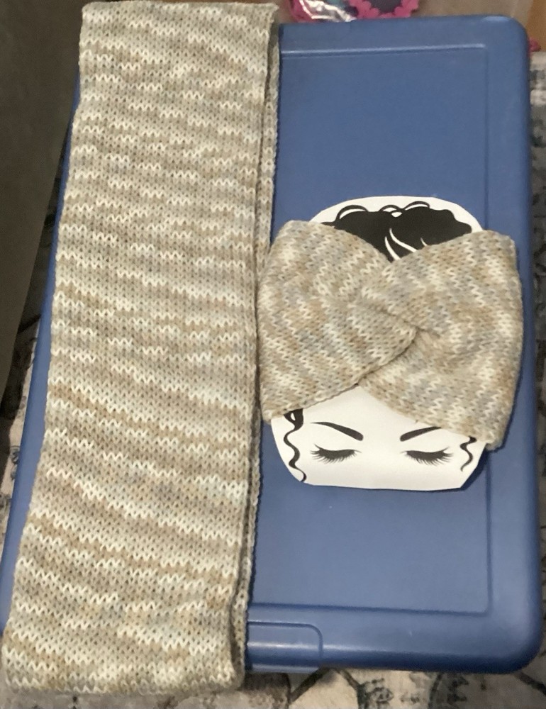 Handmade Knit Scarf and Headband Set Beige Gray Unique Design