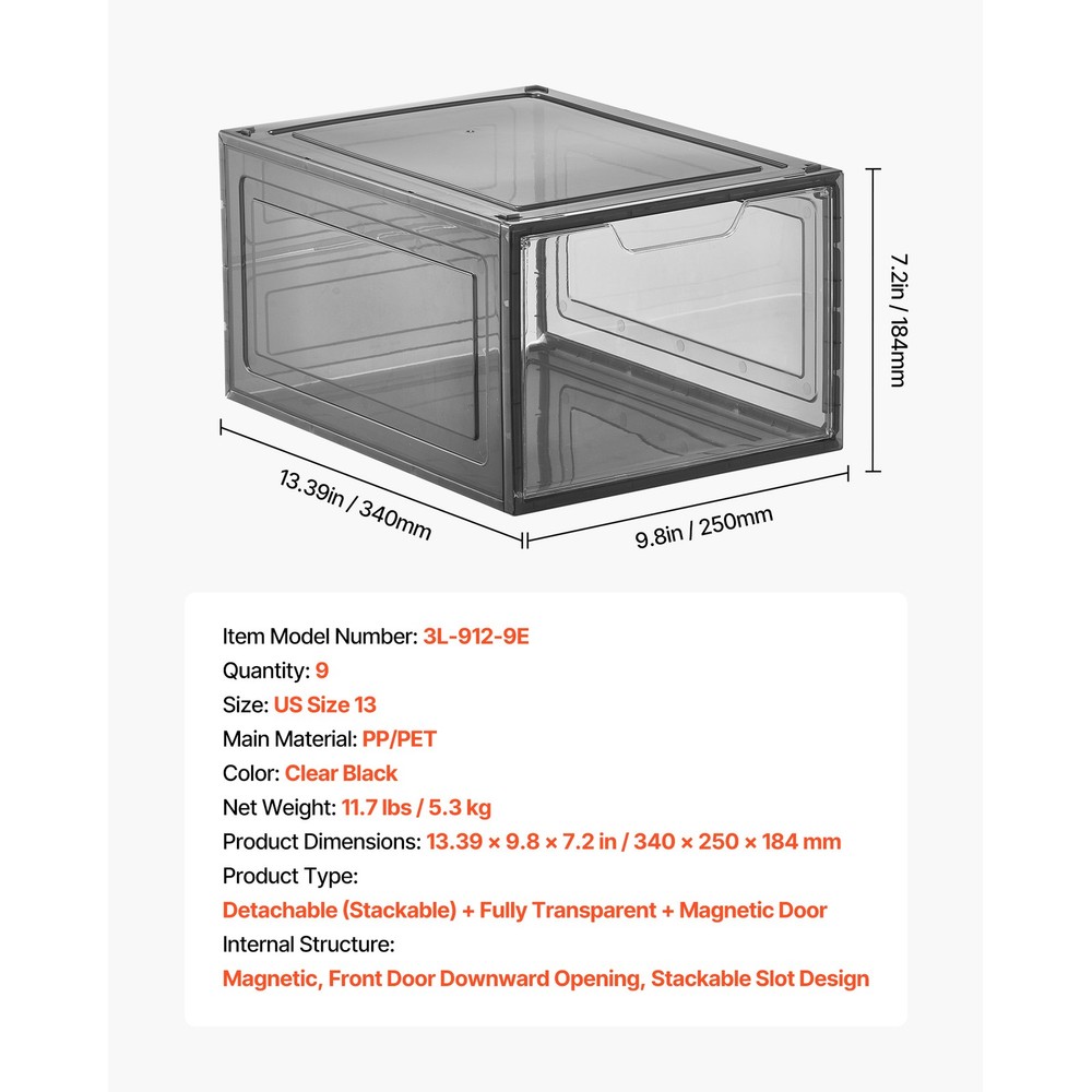 Shoe Storage Boxes 9 Pack Stackable Shoe Boxes US Size 13 Transparent Black