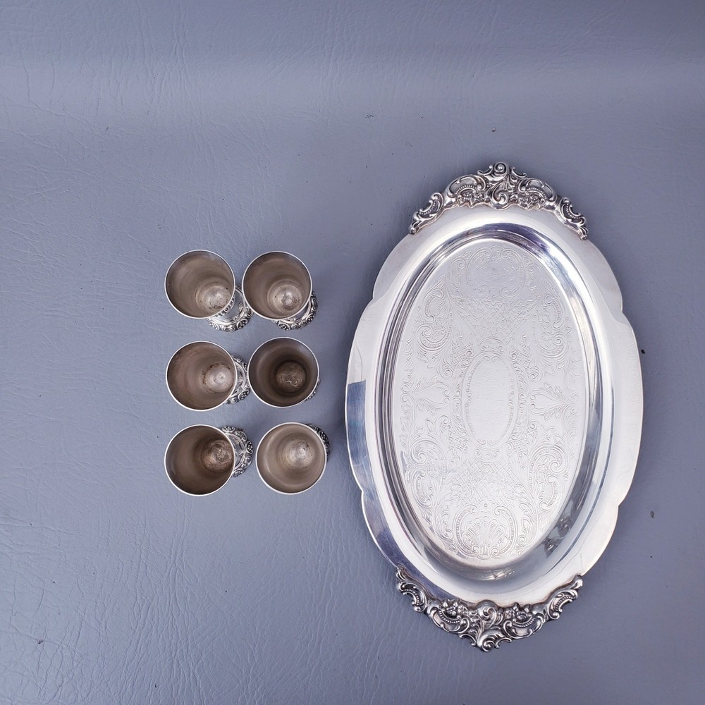 Wallace Baroque Small Cordial Set 6 Cups w/ Tray #232 10" Sherry Brandy