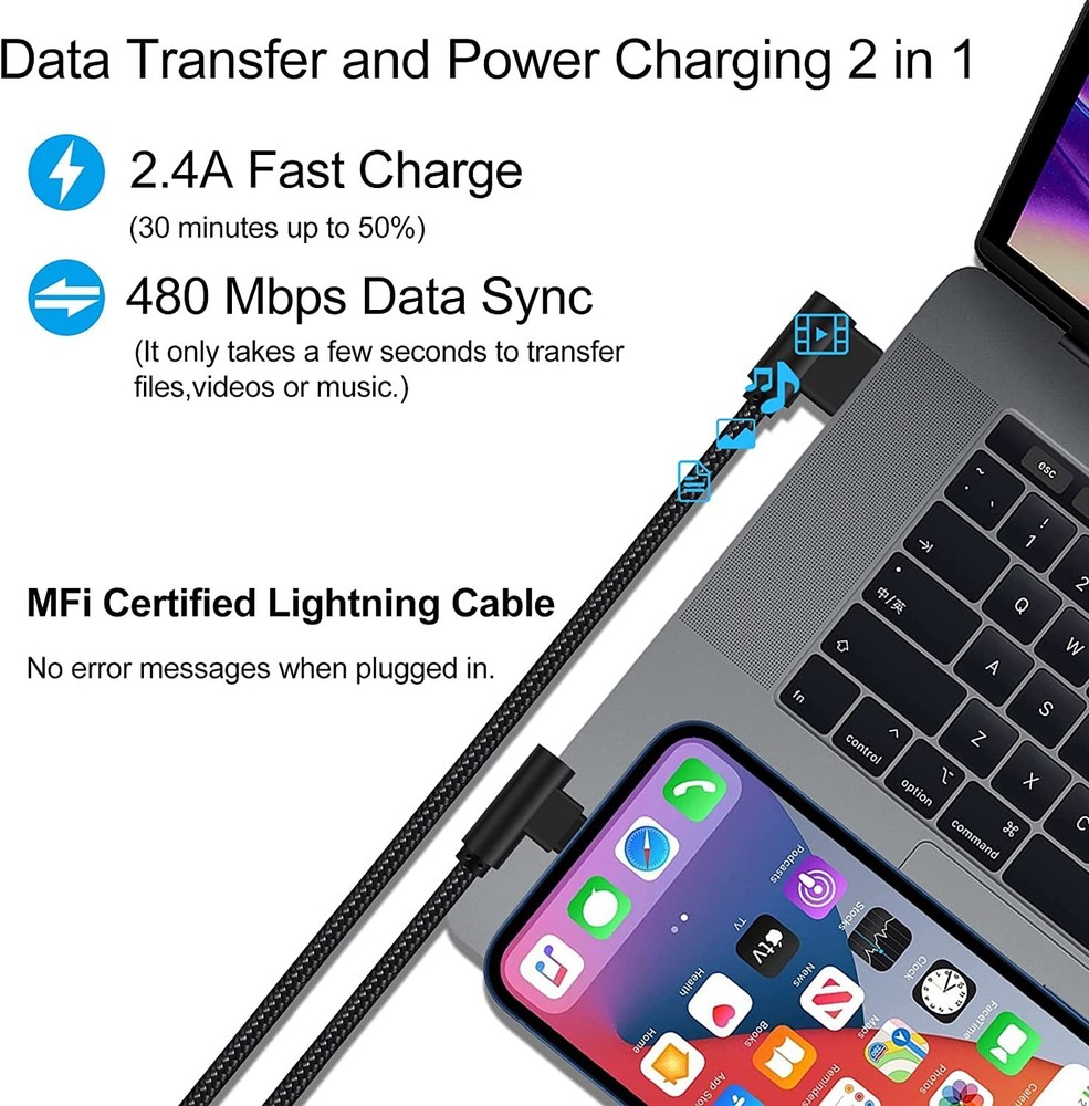 2 Pack 1ft 90 Degree iPhone Charger MFi Certified Lightning Cable