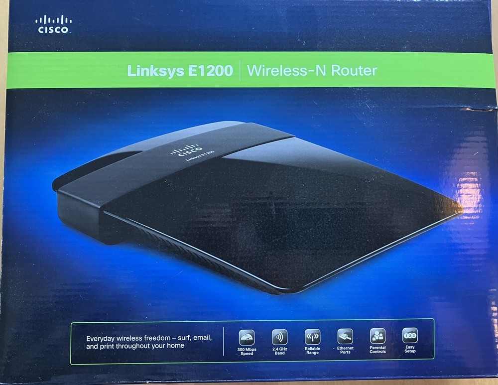 Cisco Linksys E1200 Wireless-N Router, Install CD, Cord, Ethernet Cable, used