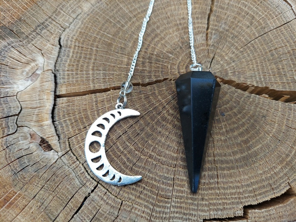 Black Tourmaline Pendulum with moon phase charm