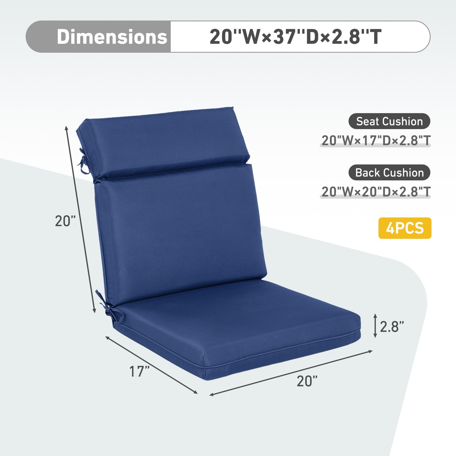 4Pcs Chair Cushions Seat Outdoor Patio High Back Deck Cartridge Cushion with Tie