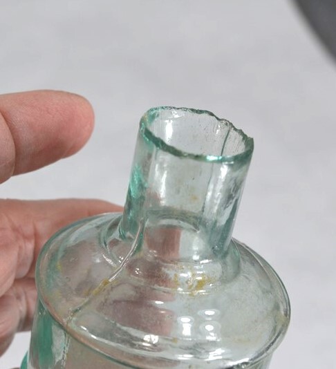 antique ink bottle lot round, cottage, desk 4 sheared tops light aqua original