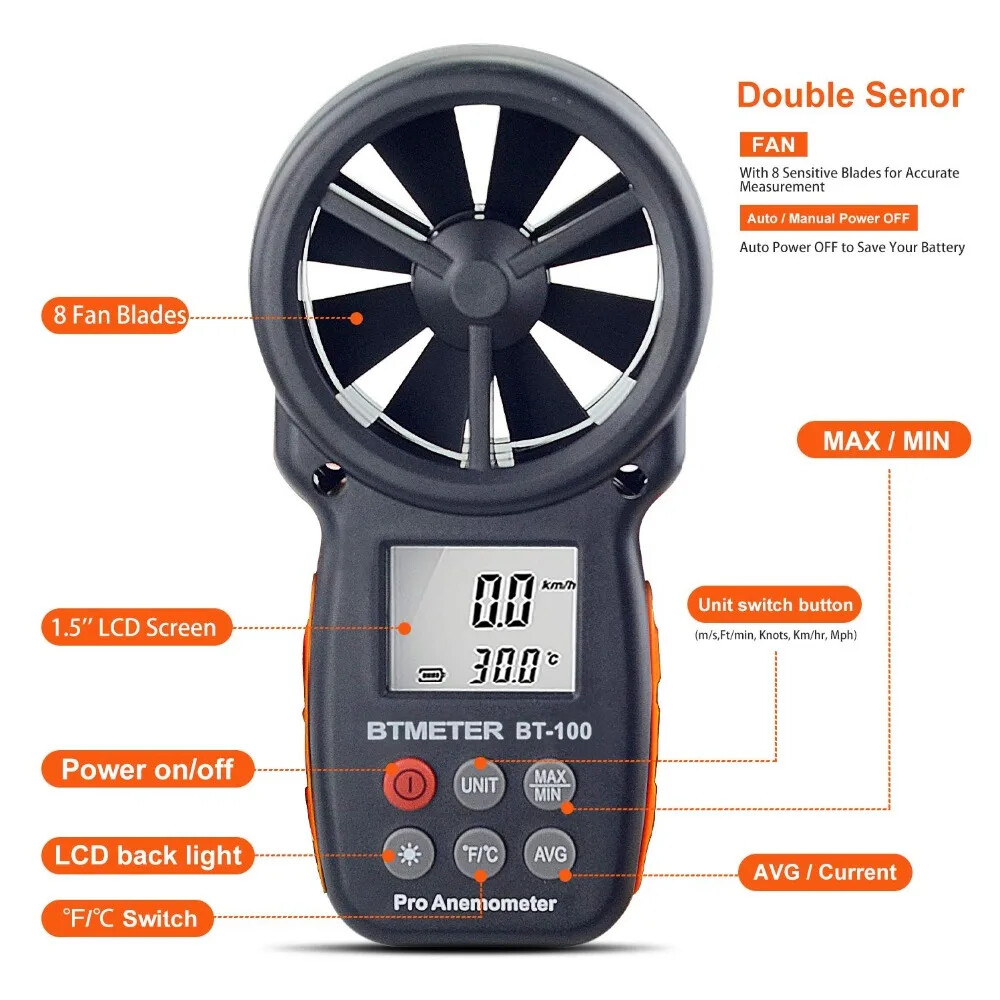 Digital Anemometer Handheld Wind Speed Meter Thermometer with Backlight LCD