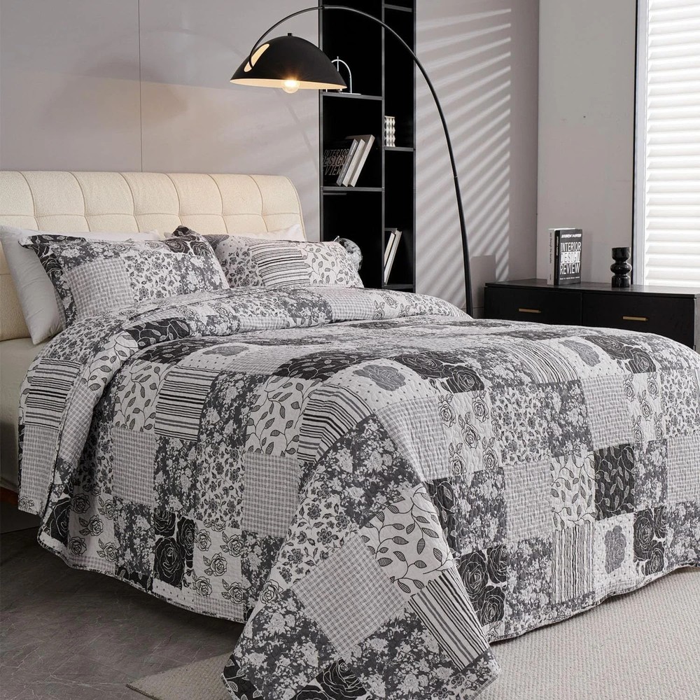 King Quilt Bedding Set Patchwork 100% Cotton Bedspread Coverlet Lightweight Gray