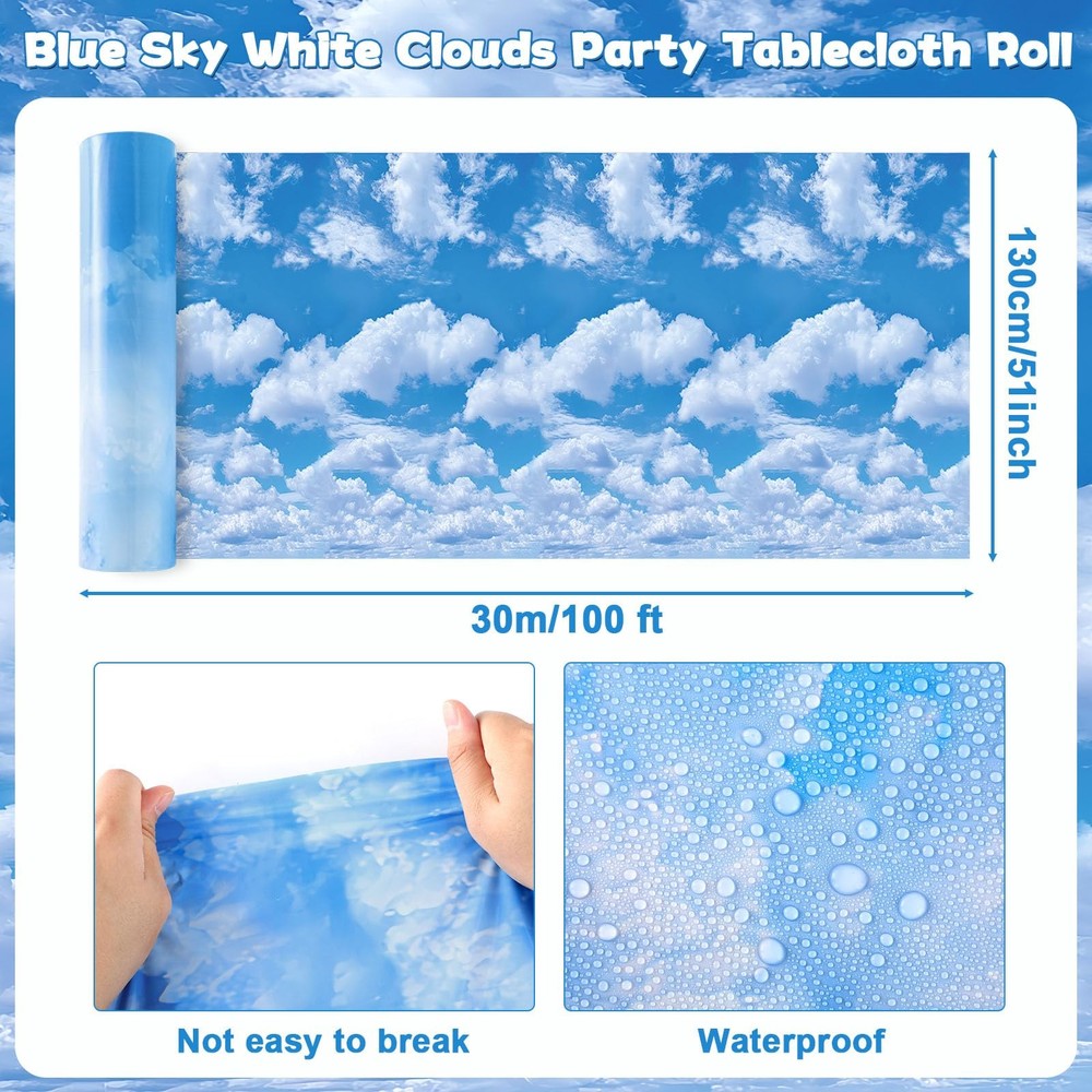 Blue Sky White Clouds Tablecloth Roll 100FT x 51 Inch Disposable Sky White Cl...