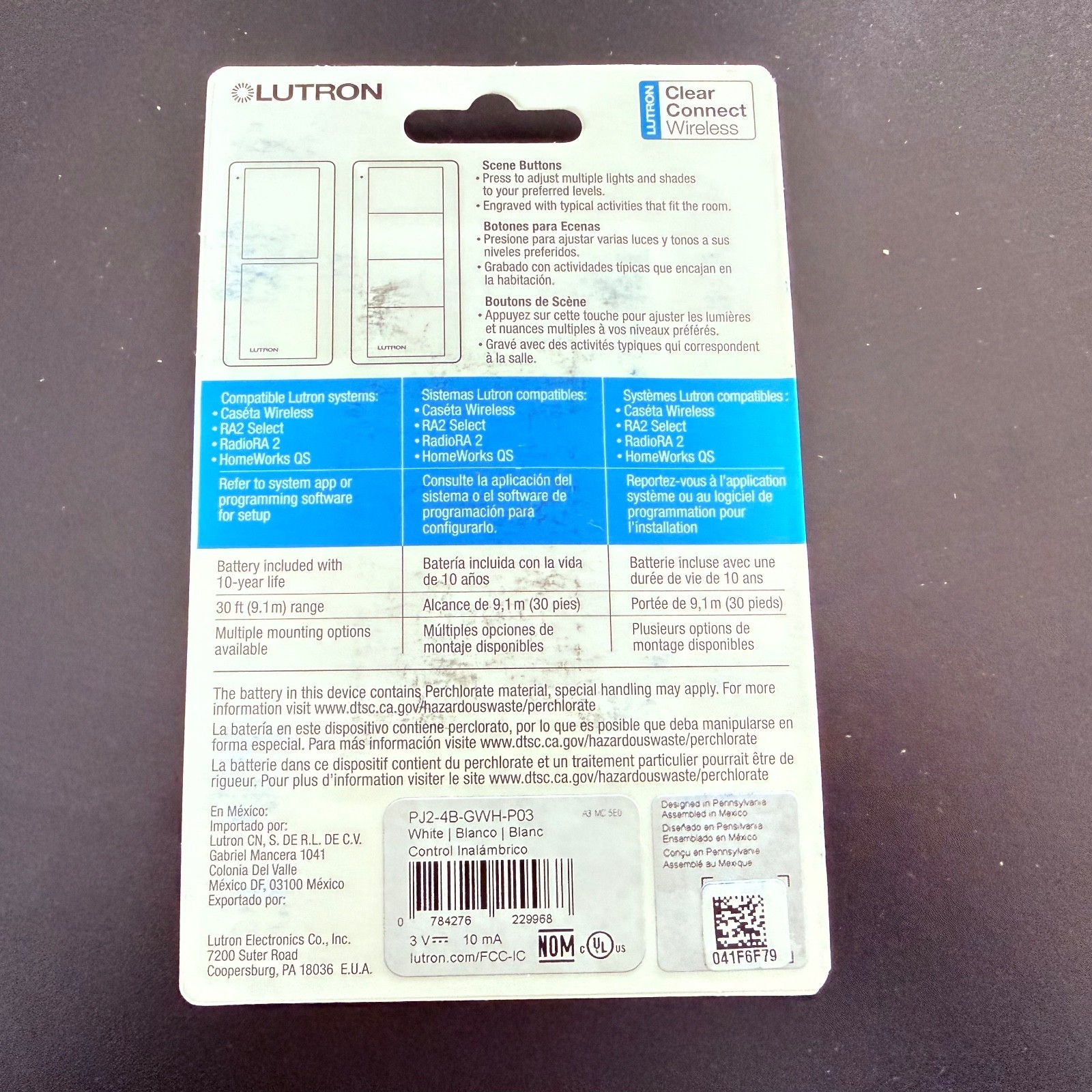 Lutron Pico PJ2-4B-GWH-P03 4-Button Wireless Remote - White - NEW