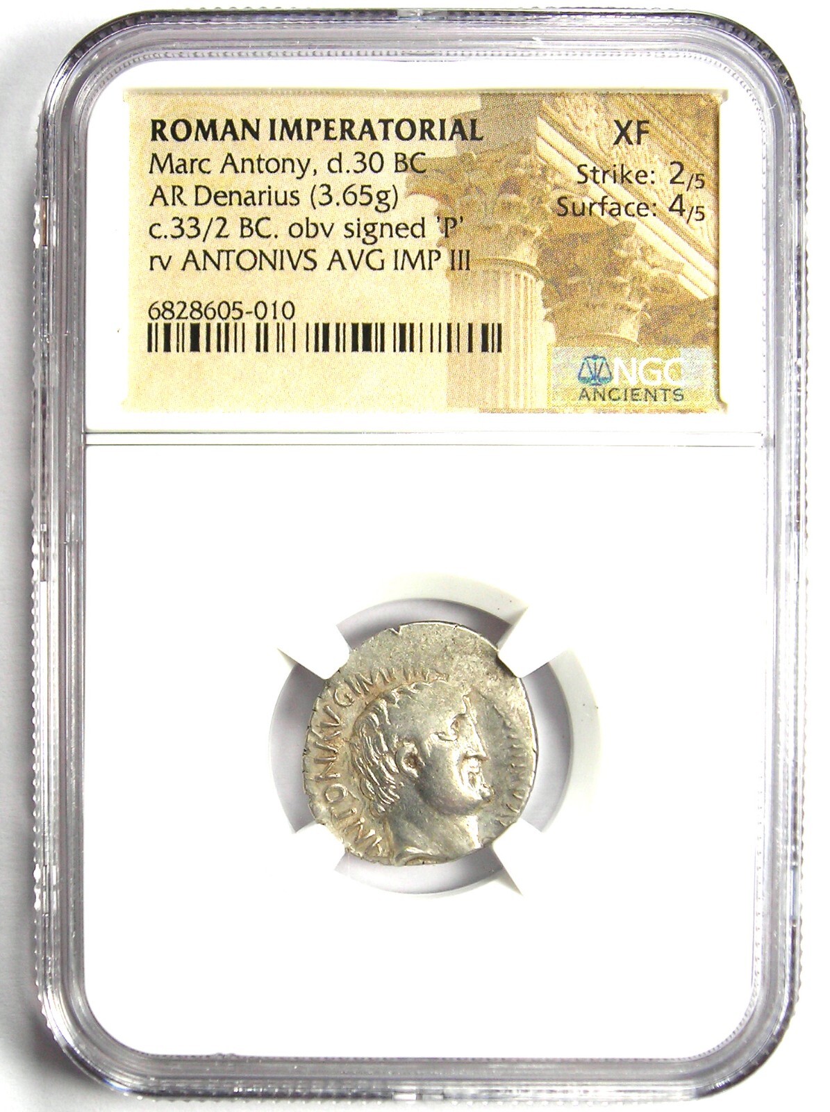 Marc Antony AR Denarius Portrait Silver Coin 33 BC - Certified NGC XF (EF)