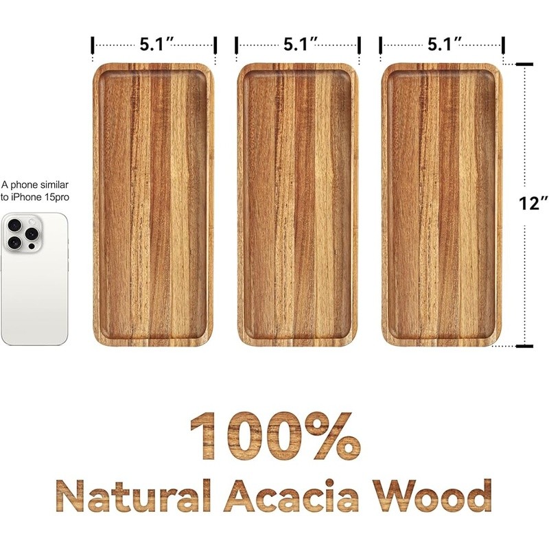 Wood Serving Tray Set 3 Acacia Rectangular Kitchen Organizer Rustic Display New