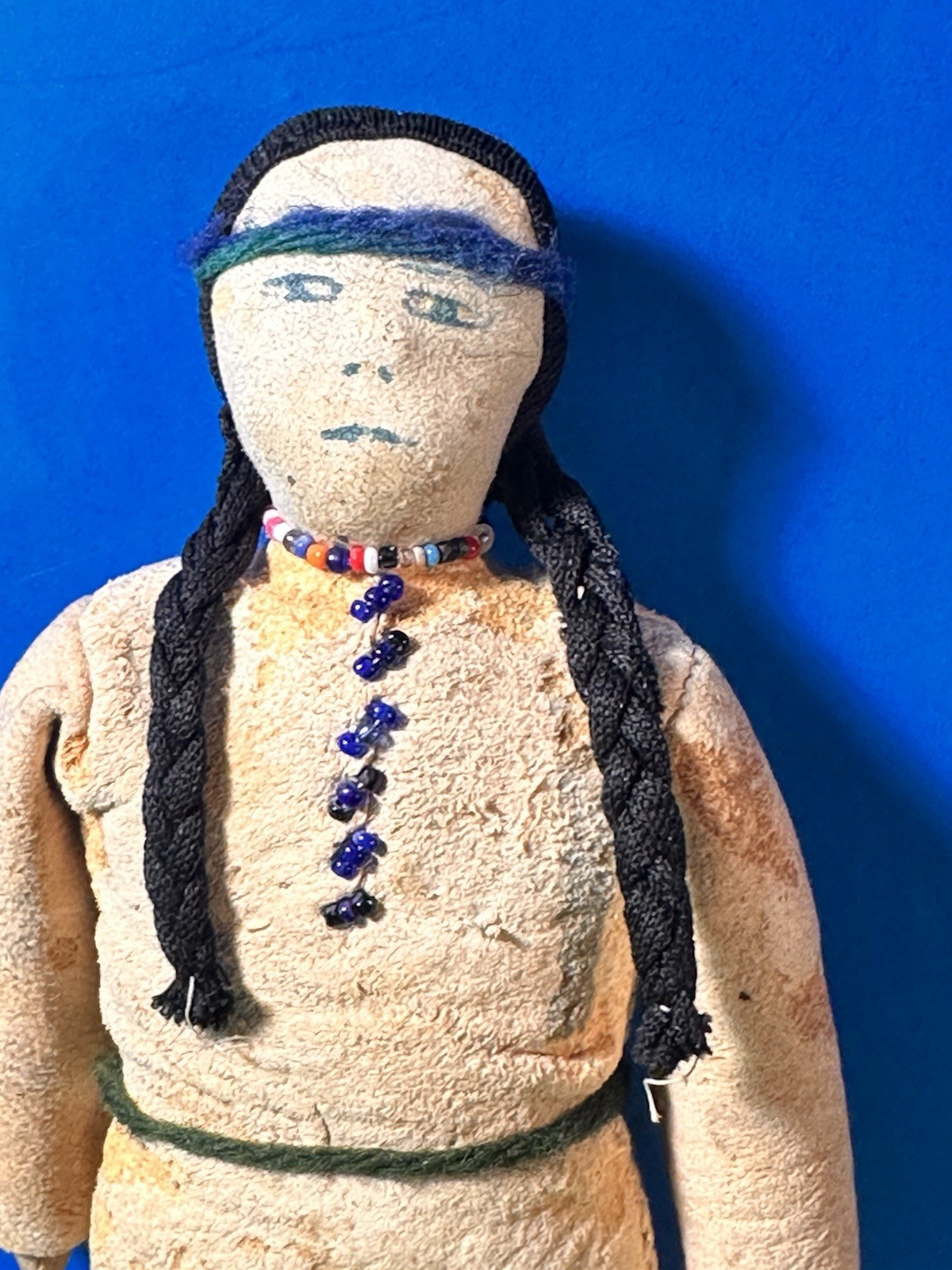 RARE 19th Century Antique Native Plain’s Indian Fringe Beaded Hide Doll Ink Face