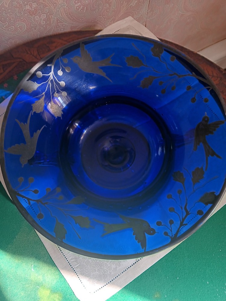 vintage cobalt blue compote silver birds