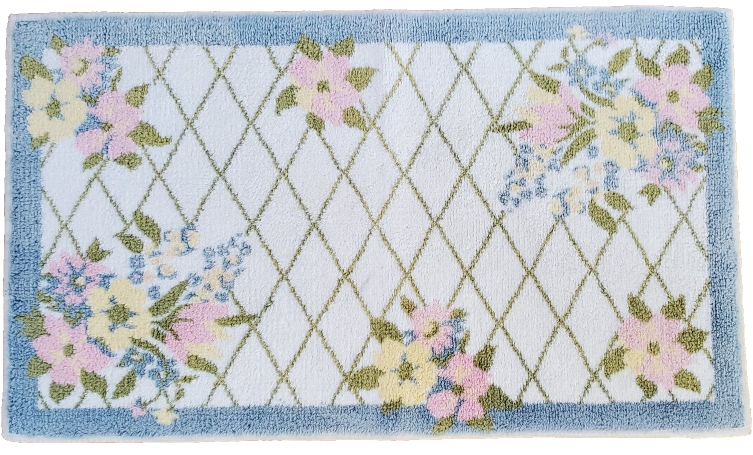 Longaberger Bath Mat Rug Pastel Trellis Pattern Blue Pink Cream White 18.5"x31"