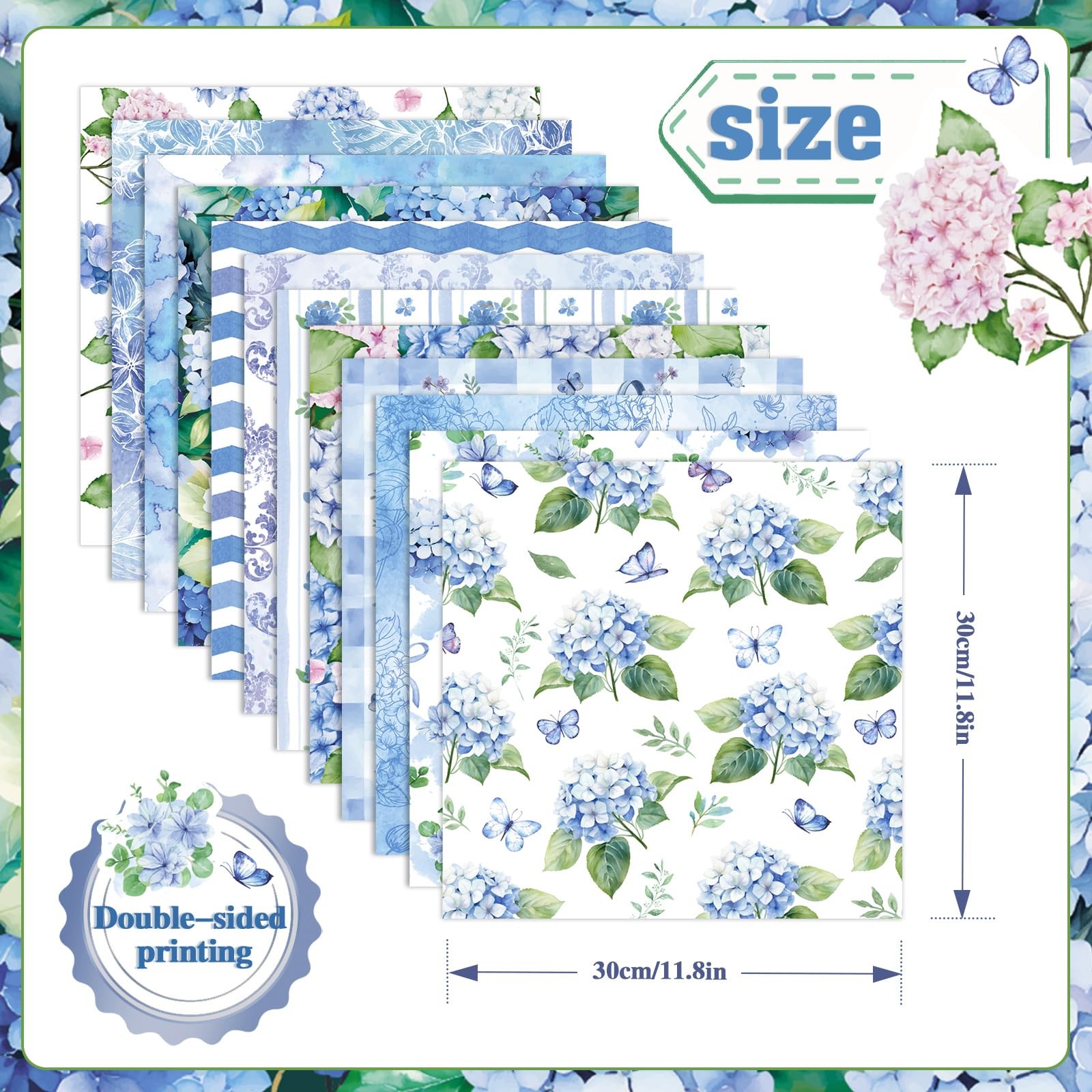 New Konsait 24 Sheets Hydrangea Scrapbook Paper 12x12 Double Sided Blue Pattern