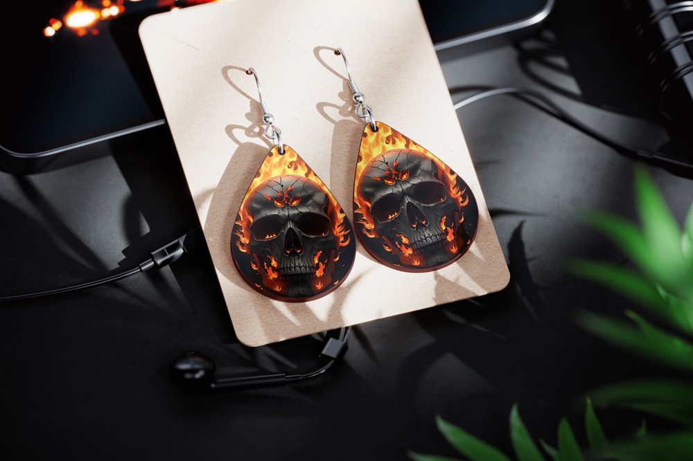 Flaming Fire Skull Teardrop Earrings
