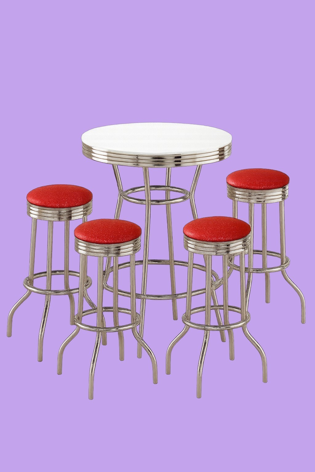 Retro White Chrome Bar Table w 4 Red Glitter Swivel Bar Stools Chairs Set New