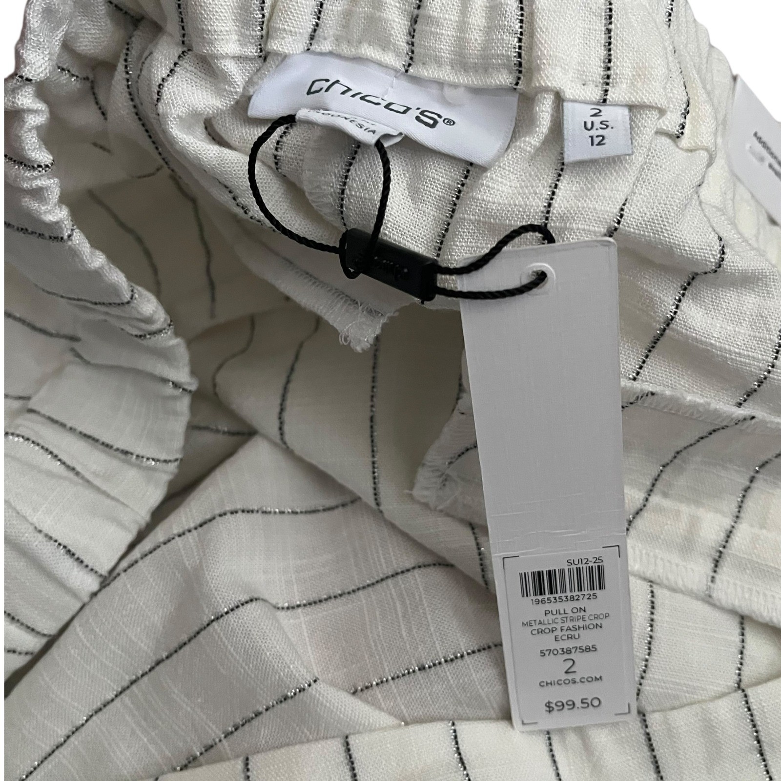 Chico's Size 2 US 12 Pull On Crop Fashion Pants Straight Metallic Stripes NEW