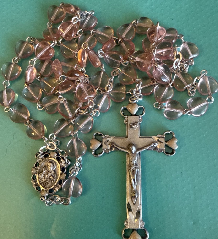 Vintage Pink Glass Heart Bead Rosary Pink Enamel Hearts. 28”