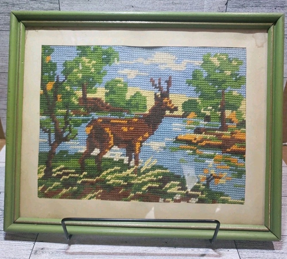 Vtg Handmade Needlepoint Deer Nature Framed
