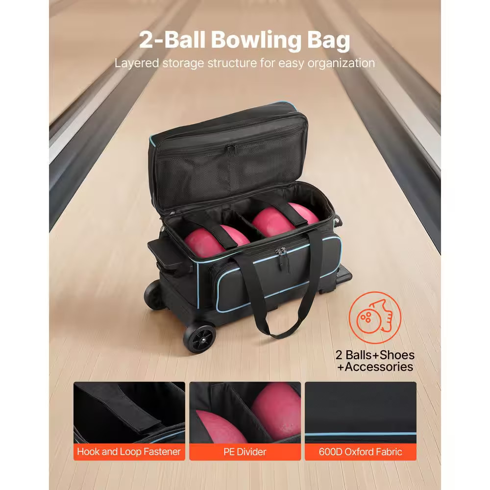 2 Ball Double Roller Bowling Bag with Wheels, Featuring a Separate Compartment f