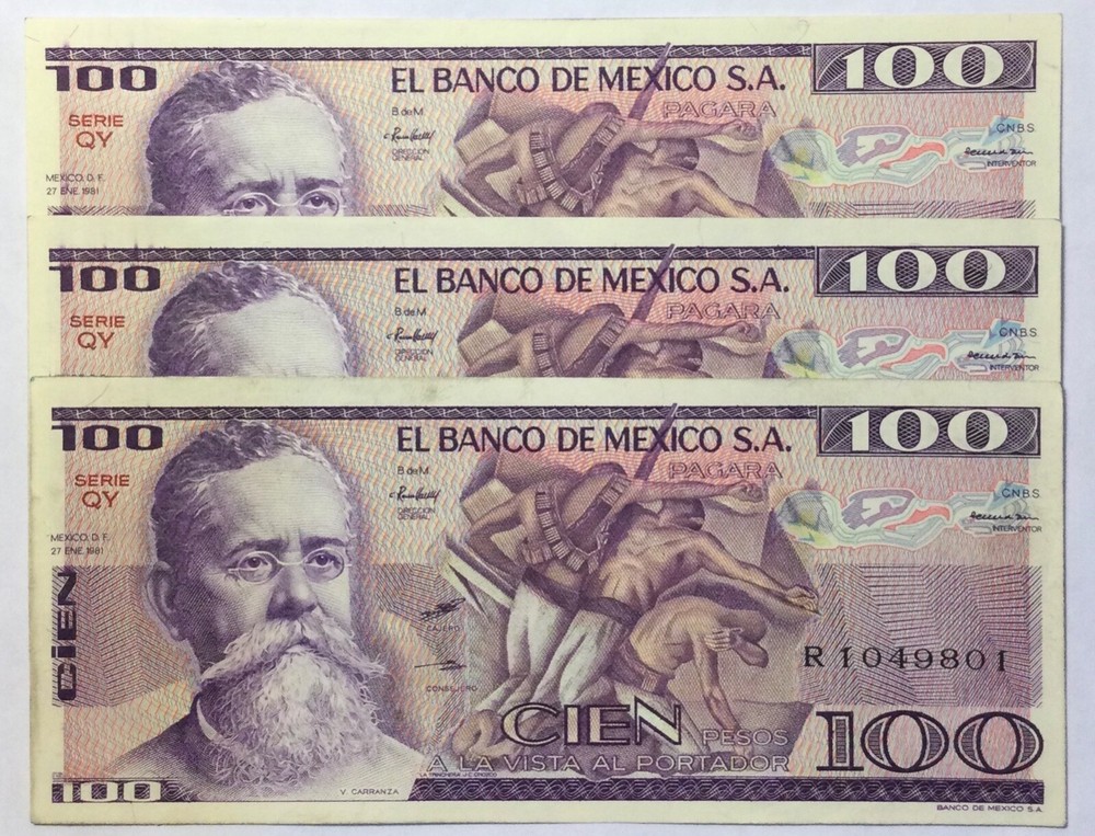 1981  $100  PESOS  3  NOTES  UNCIRCULATED  SERIAL  NUMBERS  IN  SEQUENCE