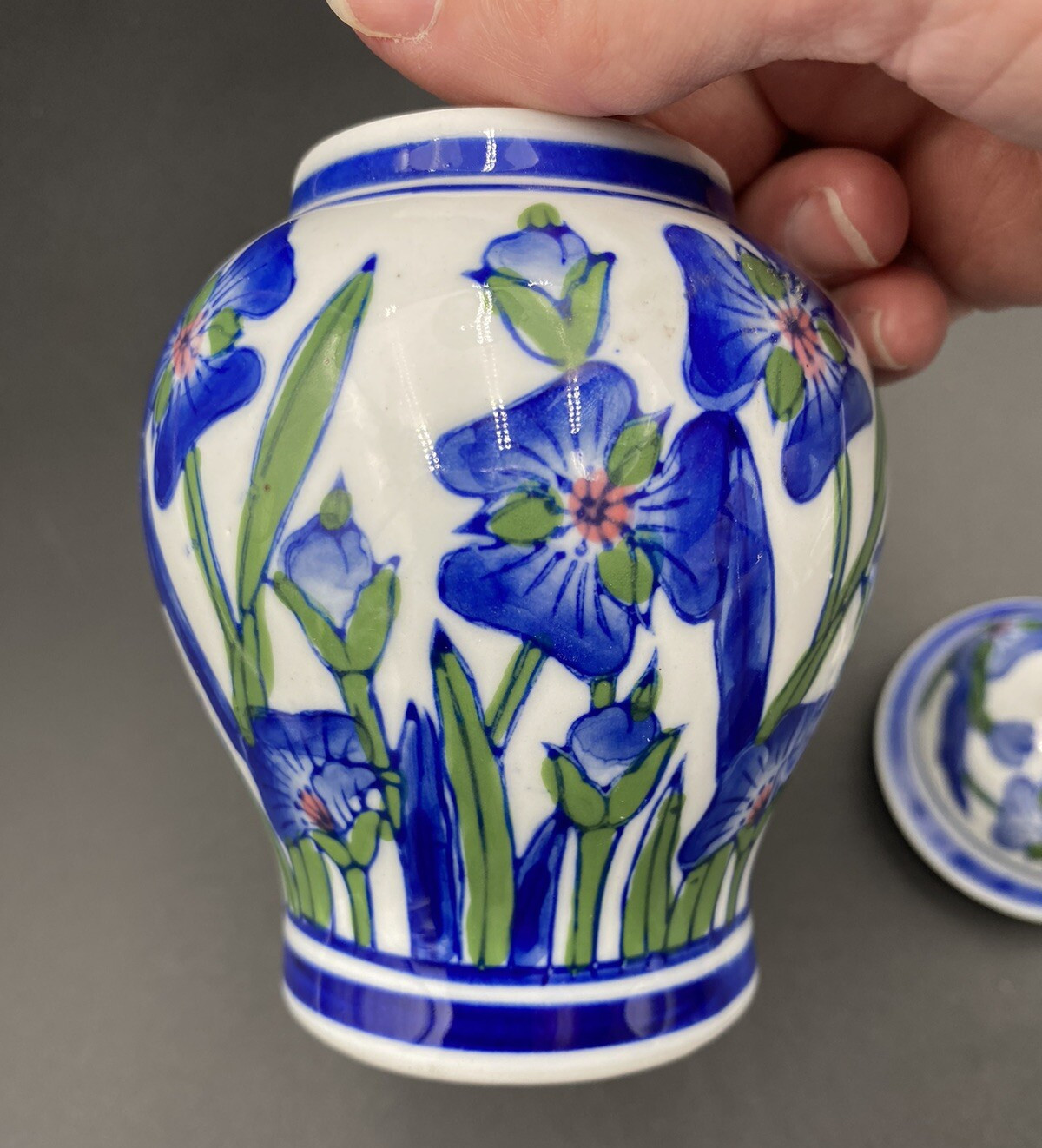 Chinese Porcelain Ginger Jar, Cobalt & Light Blue Irises, 6.5" with Lid, MINT