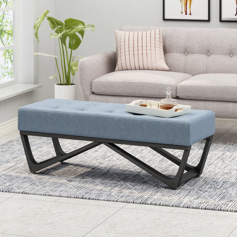 Footstool Polished faux wood frame Buttoned velvet upholstery