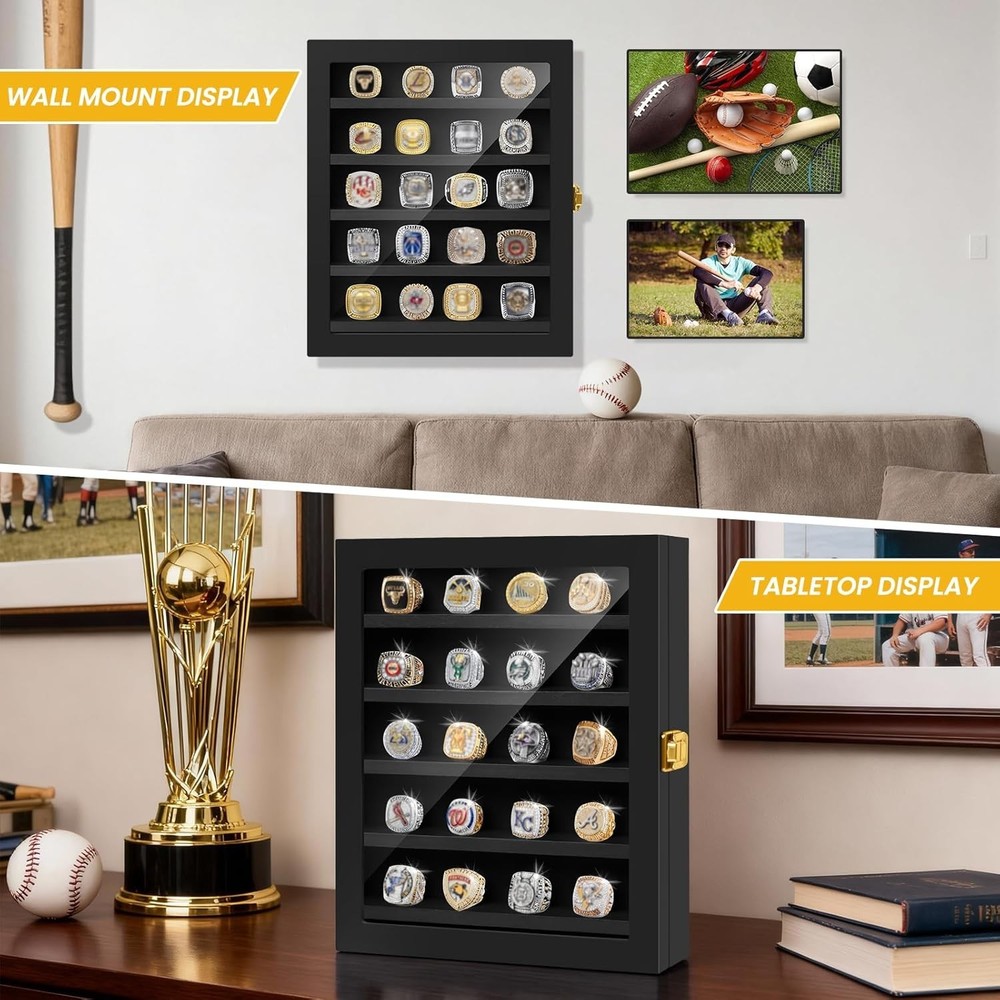 Championship Ring Display Case - 20 Ring Posts Baseball Ring Holder with LED Lig