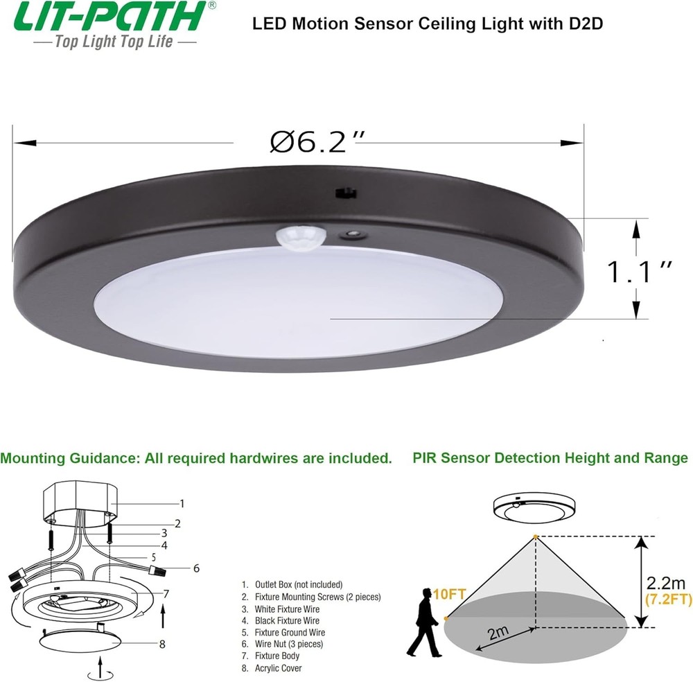 Flush Mount Motion Sensor LED Ceiling Light with Dusk to Dawn, On/Off Automatic