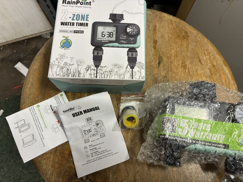 New ITV205 RainPoint Programmable 2 Zone Water Timer w/Rain Delay/Auto Control