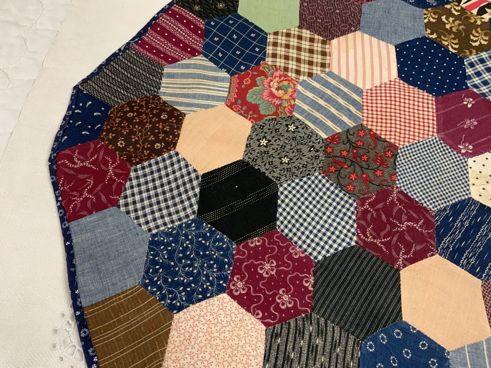 Antique Patchwork Quilt Table Topper, Octagons, Early Calico Prints, Navy, Multi