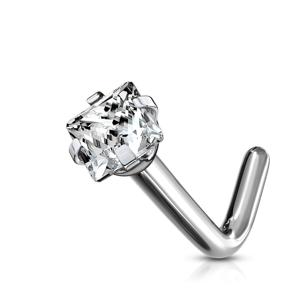 Implant Grade Solid Titanium Prong Square CZ L Bend Nose Stud Rings