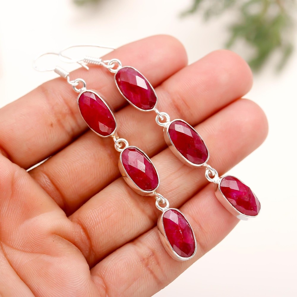 Ruby Lab Created Gemstone Dangle Handmade 925 Sterling Silver Earring  Jewelry