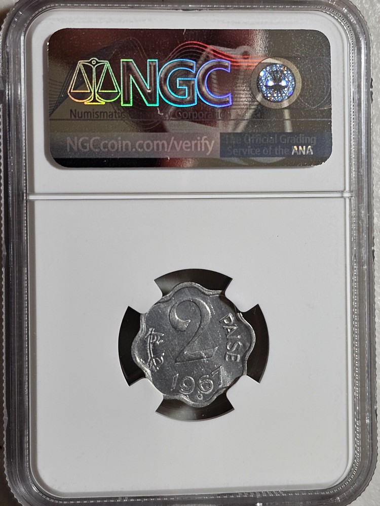 India 2 Paise 1967B Type 1 NGC MS 64