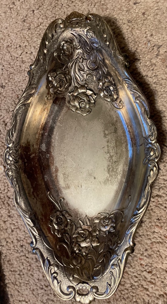 Vintage Silver Plate Roses Dish Shabby Worn Silverplate Tray