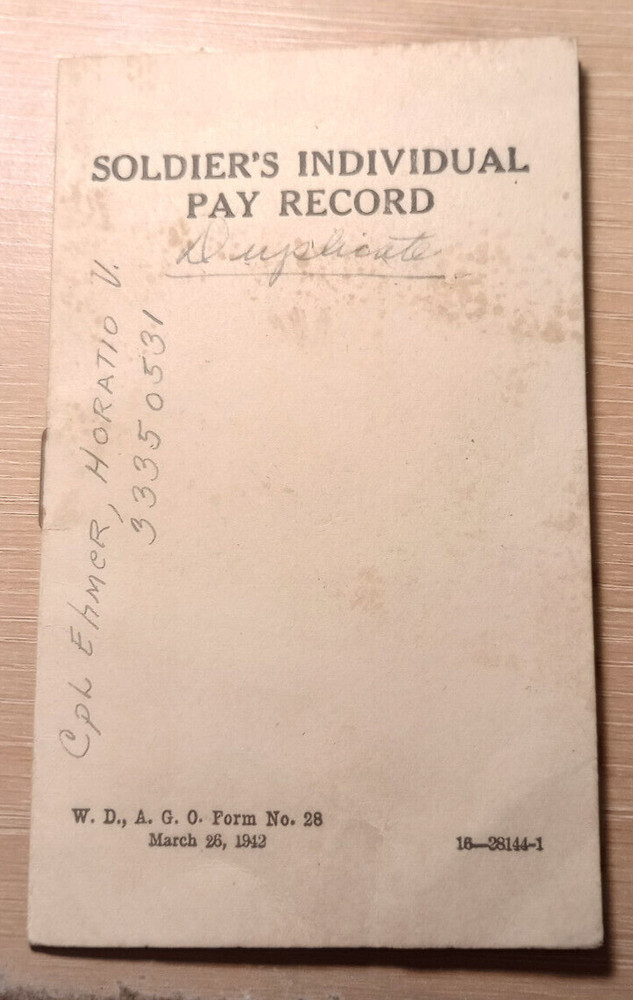 Original 1942 WW2 U.S. Army Soldier’s Individual Pay Record
