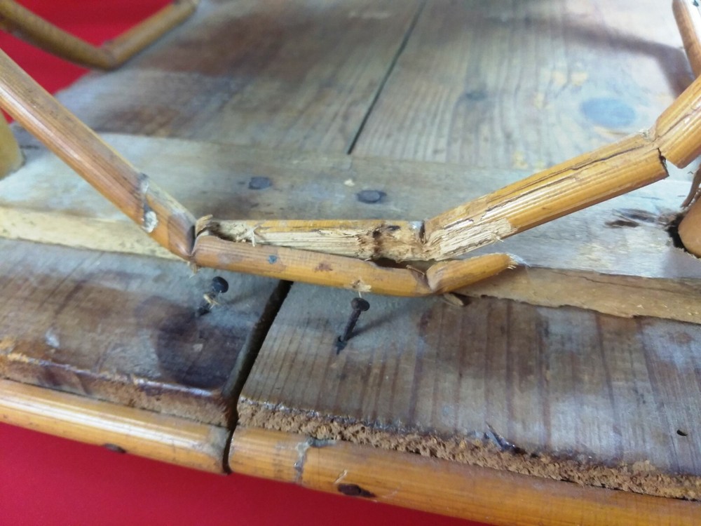 Primitive Antique Bamboo Foot Stool with Old Linoleum top.