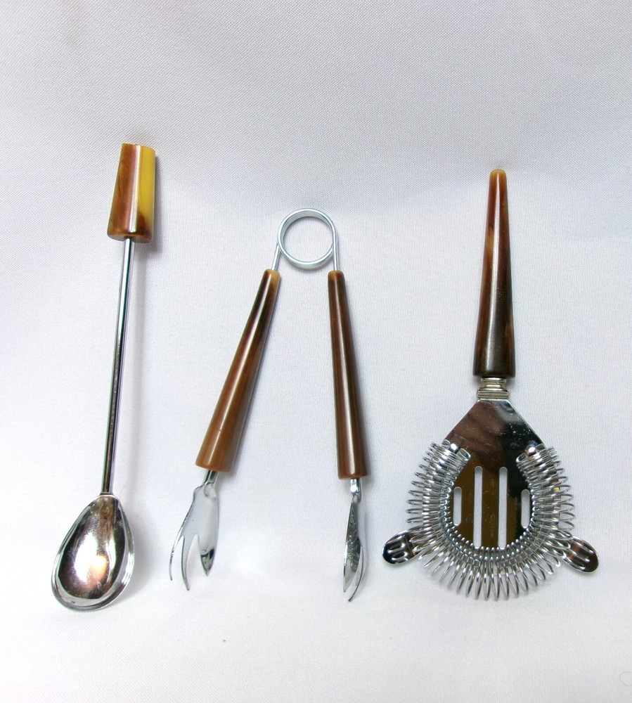 Set/5 - MCM Vintage Marbled BAKELITE Handled Barware Tool Set - EUC