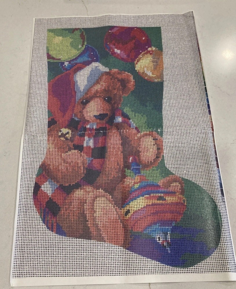 Bucilla SANTA BEAR Needlepoint Christmas Stocking Kit 60722 1994 Missing Thread