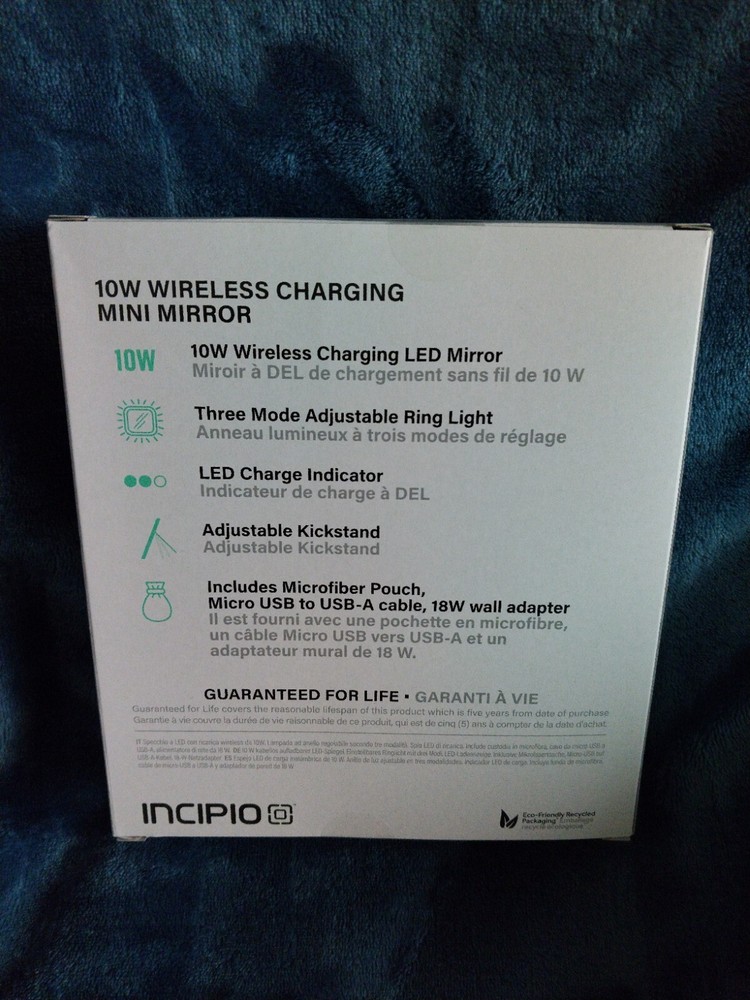 Incipio Mini LED Makeup Mirror & 10W Wireless Charger with Microfiber Pouch
