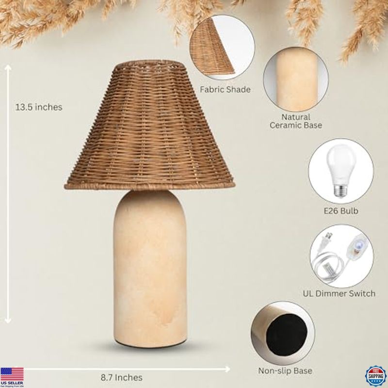 14" Mini Wicker Table Lamp - Ceramic Base, Rattan Shade, Dimmable Boho Light