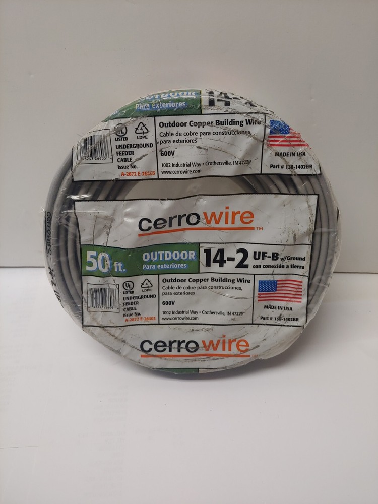 Electrical Outdoor Cable Cerrowire 50ft Grey Solid Wire 14 Gauge 600v Copper