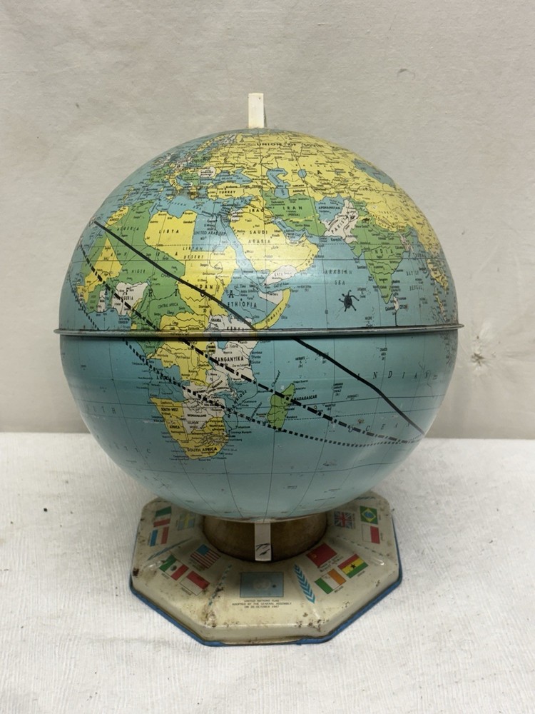 Vintage 9” Tin J Chein & Co Space Flight Countries Flags