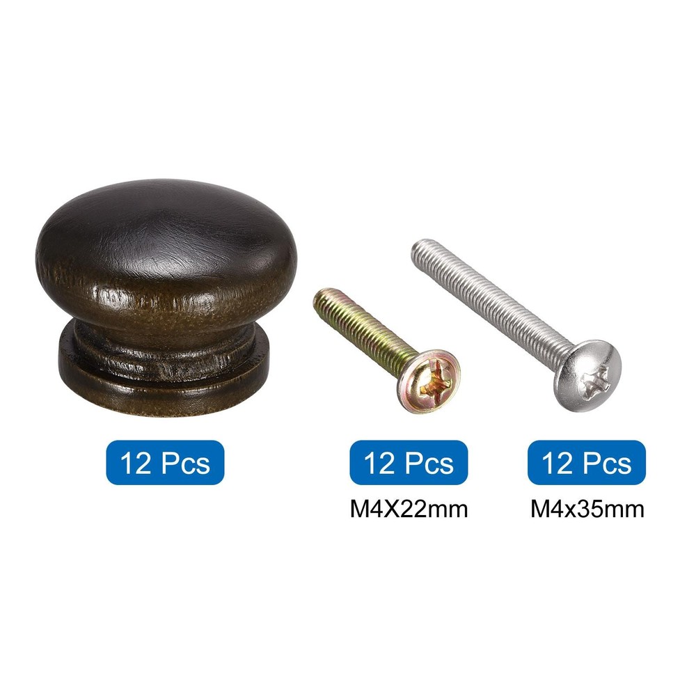 12pcs Round Wood Knobs 33x23mm Pull Handles for Drawer with Screws Black Walnut