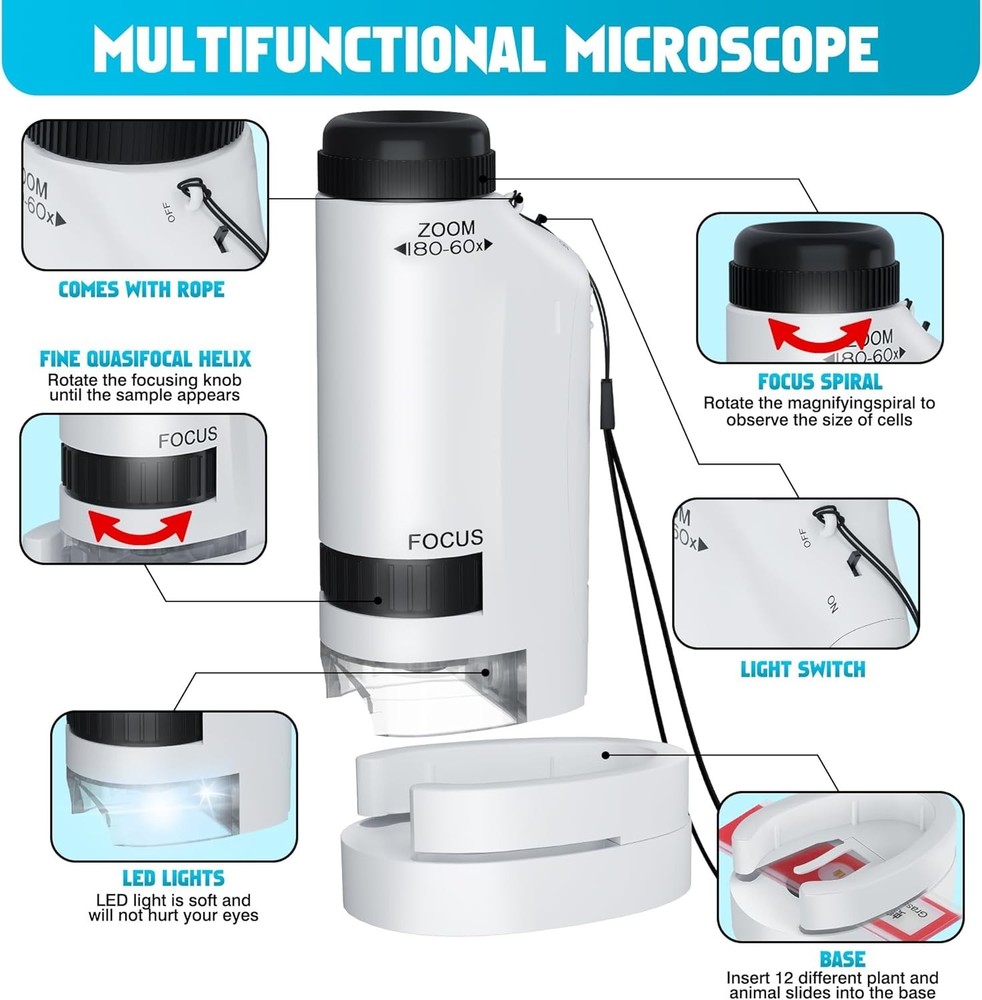 Portable Microscope for Kids Zoom 60x-180x,Handheld Mini Microscope STEM & Sc...