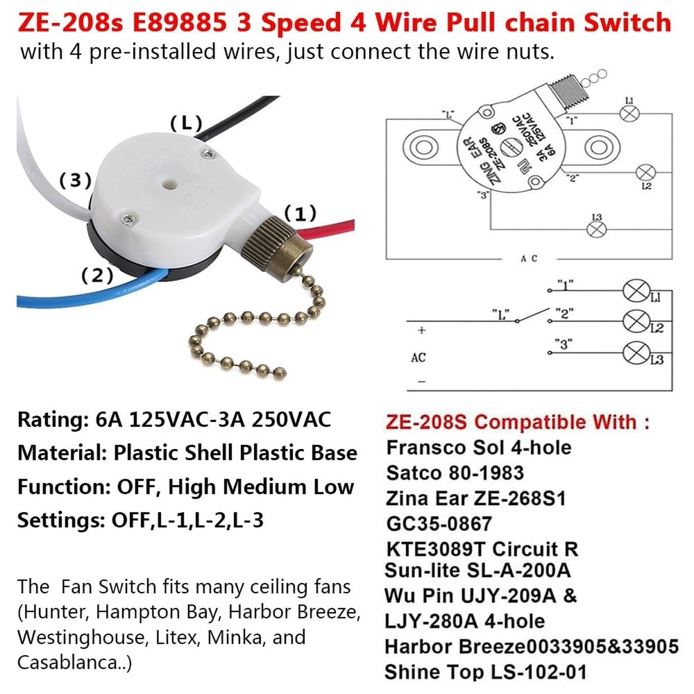 Ceiling Fan Switch Zing Ear ZE-208s E89885 3 Speed 4 Wire Pull Chain Switch F...