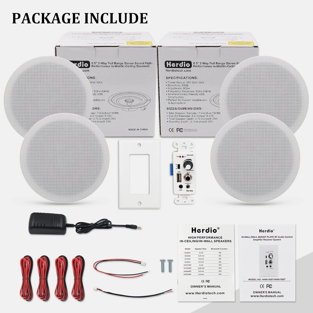 Herdio 4 Pack 6.5'' Bluetooth Ceiling Speakers 600W with In Wall Amplifier