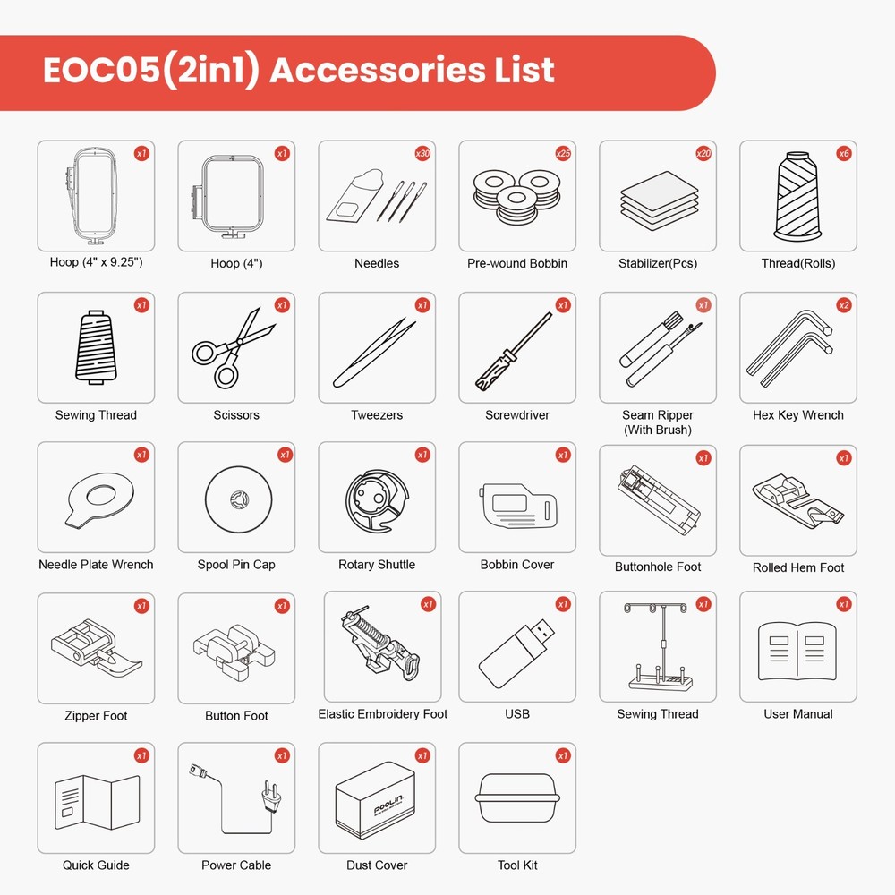 POOLIN EOC05RE（2in1） Sewing and Embroidery Machine Computerized Large LCD.