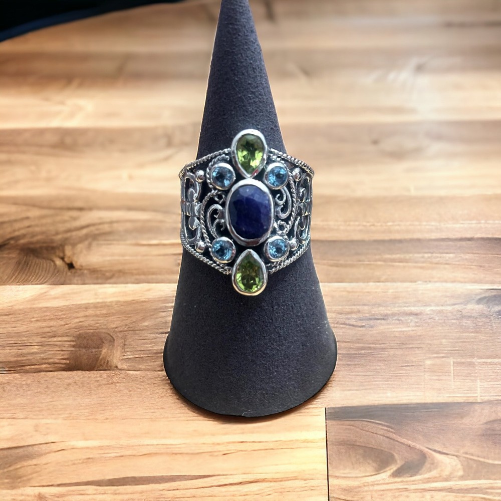 Corundum Sapphire Peridot 925 Sterling Silver Statement Ring